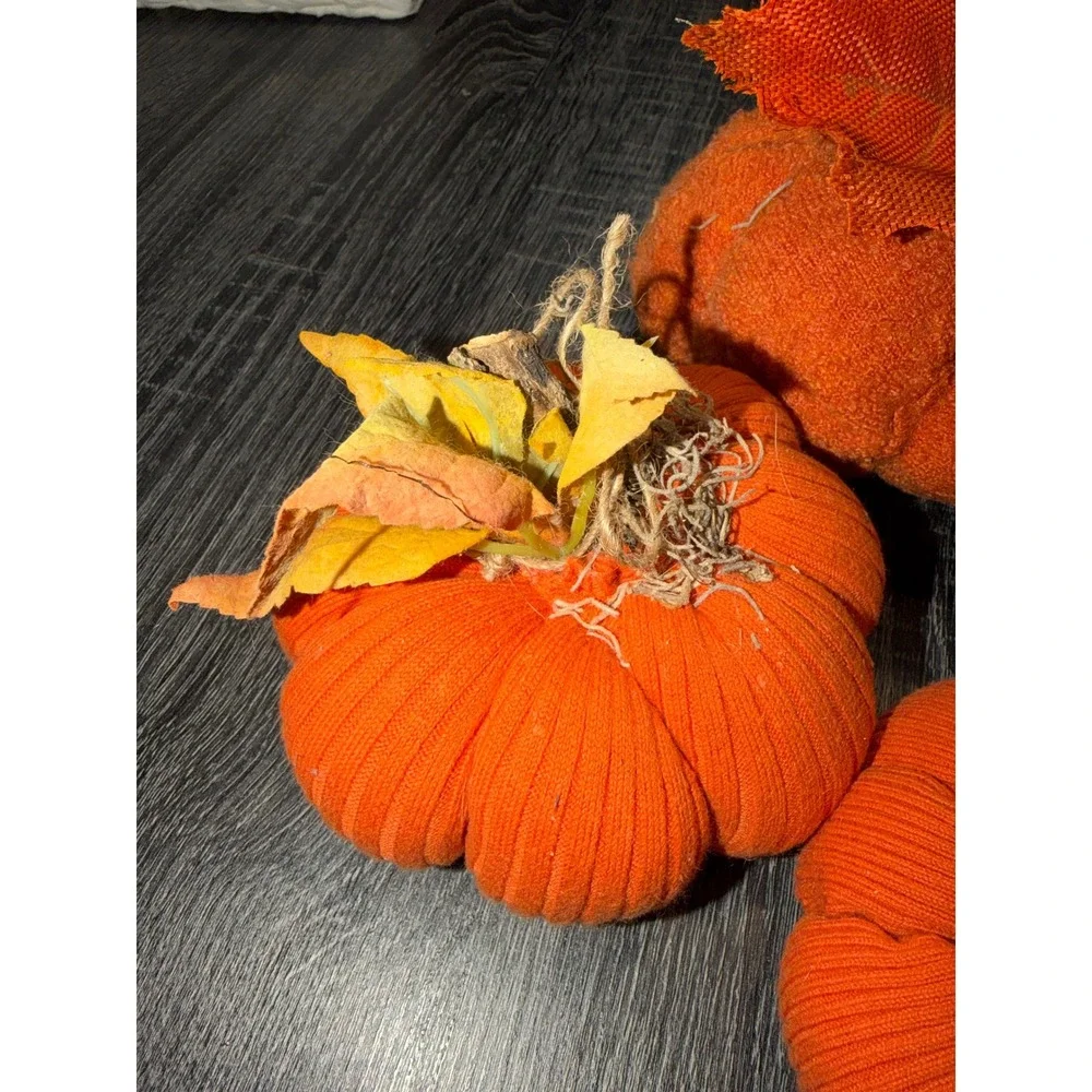 Set of 4 Fabric Pumpkins Autumn Fall Decor Orange Family Wood‎ Slice Accent